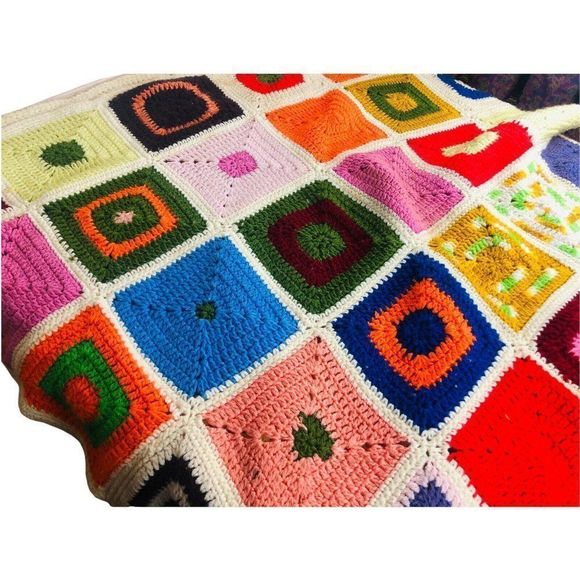 Retro VTG cream handmade knit crotchet blanket throw afghan blanket 50"x92" - Picture 3 of 7